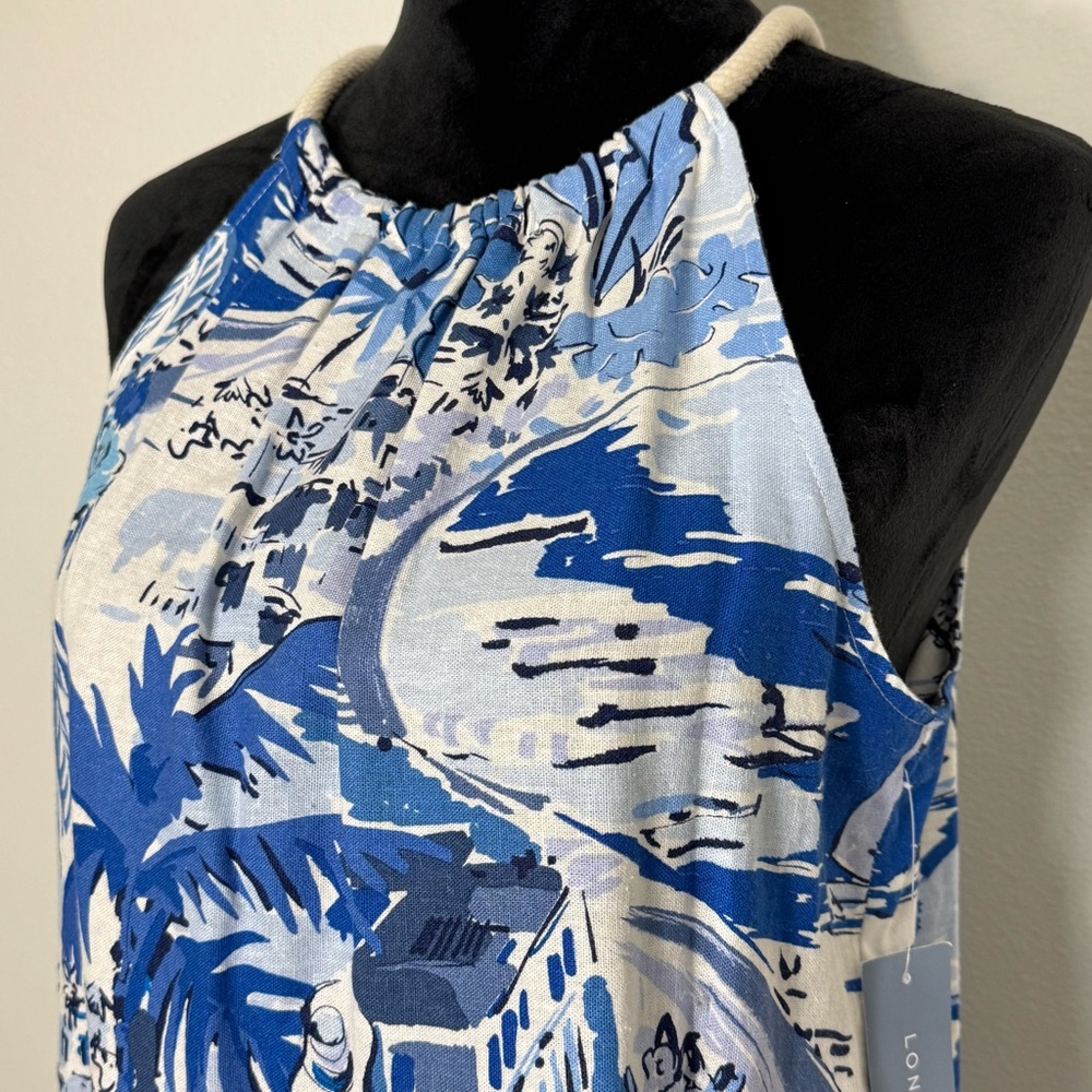 London Times Linen Blend Halter Sleeveless Seaside Print Shift A-Line Dress 8-10 - Picture 9 of 12
